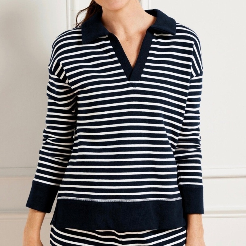 Talbots Cotton French Terry Johnny Collar Wander‎ Stripe Pullover Sz L Preppy